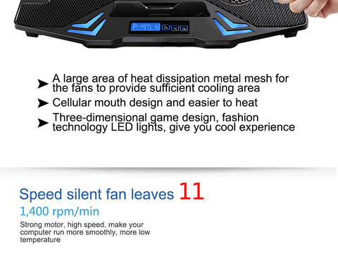12-15.6 inch Quiet USB Laptop Cooling Pad w/ 5 Fans Light
