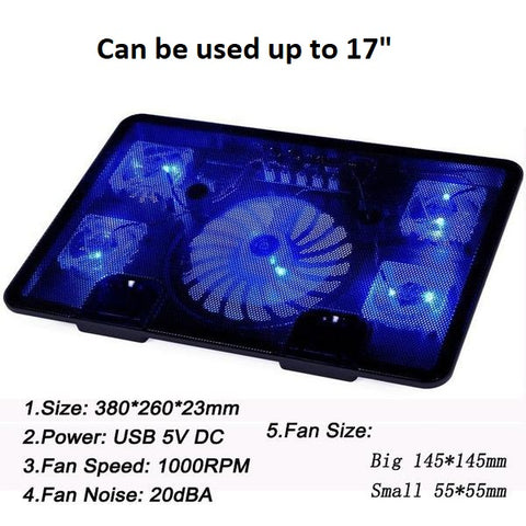 5 Fans 2 USB Port Slide-Proof Stand Laptop Cooler Pad w/ Light