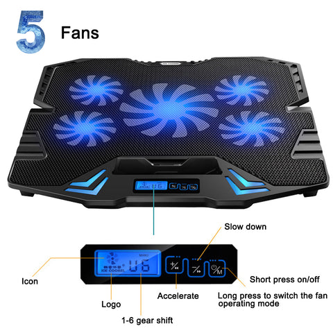 12-15.6 inch Quiet USB Laptop Cooling Pad w/ 5 Fans Light