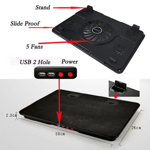 5 Fans 2 USB Port Slide-Proof Stand Laptop Cooler Pad w/ Light